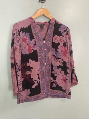 Citron Floral Purple Black Silk Button Down Blouse Top Small